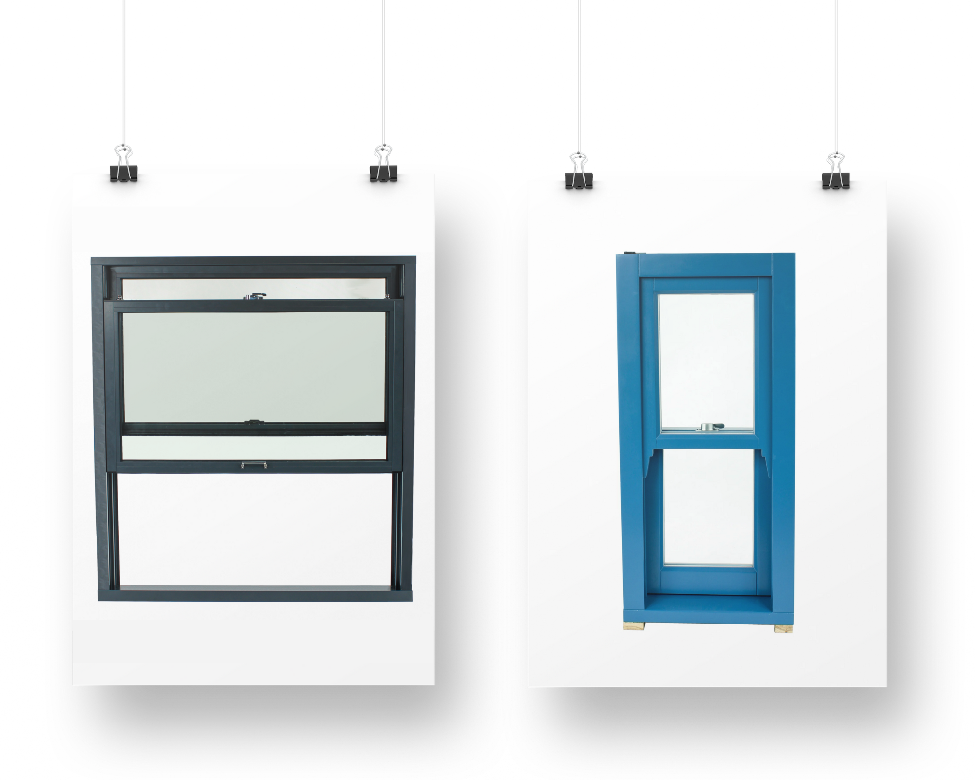 blaues Holzfenster und anthrazitfarbenes Aluminiumfenster
